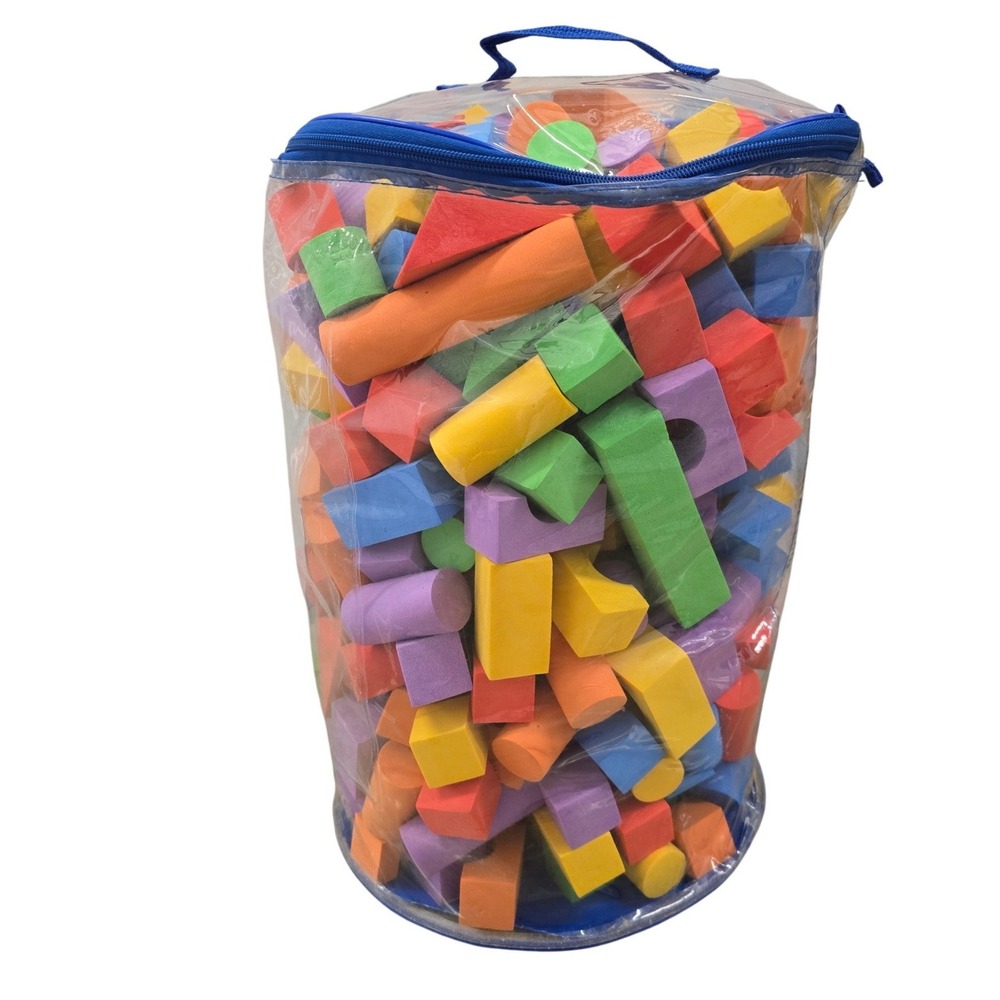 Aprox 280 Assorted Soft Foam Building Blocks Set Multi Color Shapes Storage Bag